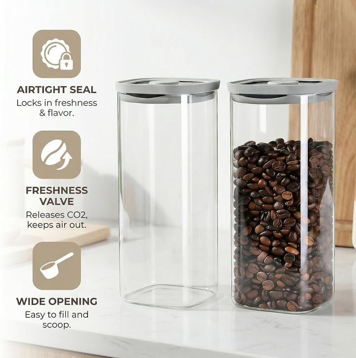 Luftdichtes Glas für Kaffeebohnen (2 Stück), Rechteckiges Vorratsglas mit Deckel, Insektensichere Gl