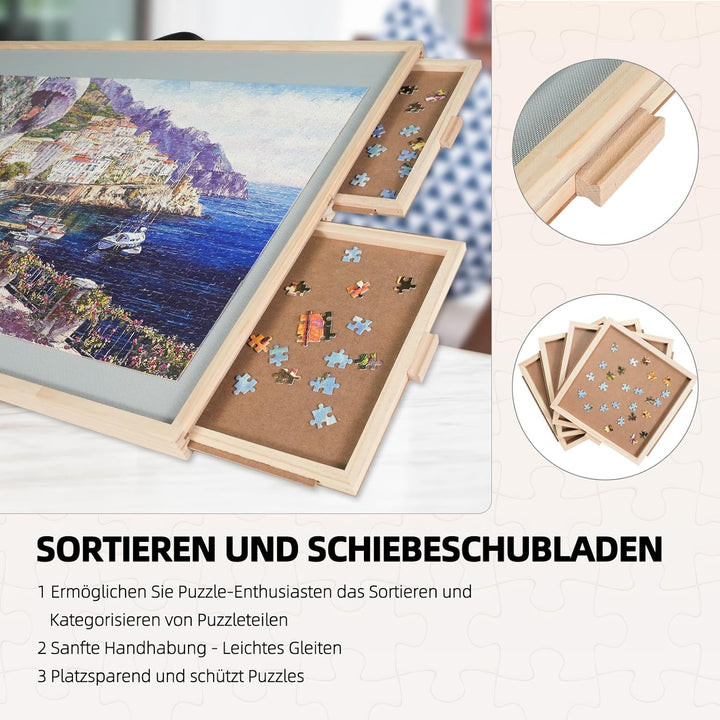 1500 Teile 2-in-1 Neigbares & Drehbares Puzzle-Brett für Erwachsene, Holz-Puzzleschreibtisch mit 4 S