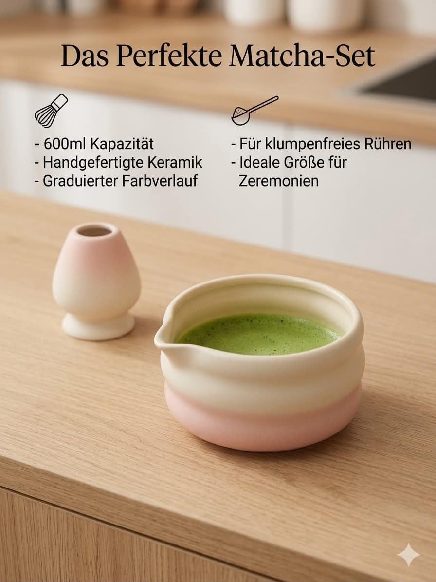 Matcha Set 4-teilig – Keramik Matcha Schale, Bambus Matcha Besen (Chasen), Besenhalter & Löffel – Ja