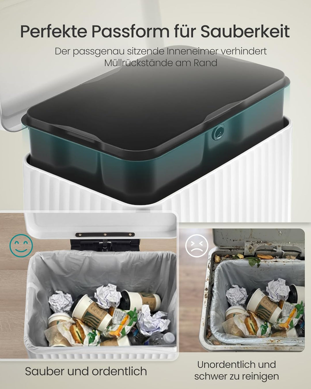 SONGMICS Mülleimer Küche, 50 Liter, Abfalleimer mit Pedal, Tretmülleimer mit Deckel, Softclose, Inne