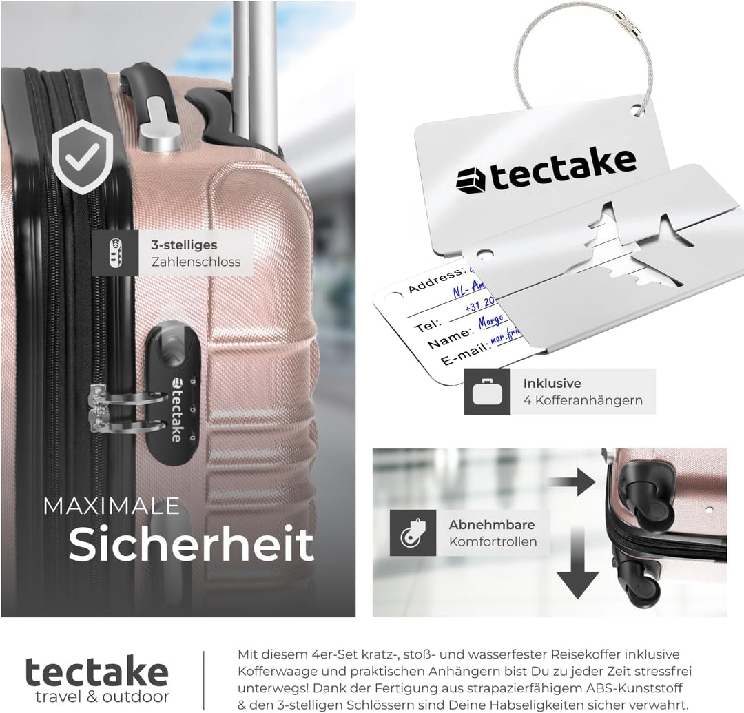 tectake®, 4tlg. Hartschalenkoffer Set, Reisekoffer Set mit Rollen, Hartschale aus ABS, Koffer Set mi