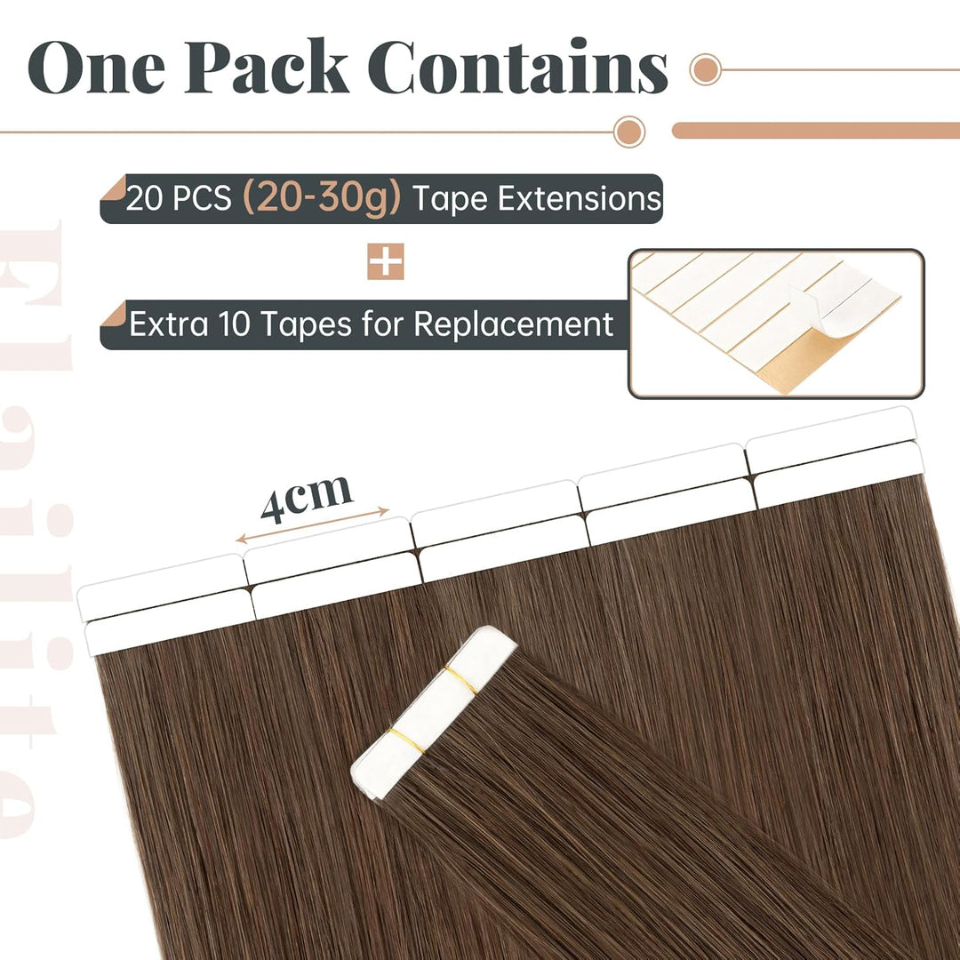 Elailite Echthaar Extensions Tape in 20 Stück Kleberband #2A Leberbraun, 30cm Haarverlängerungen Uns