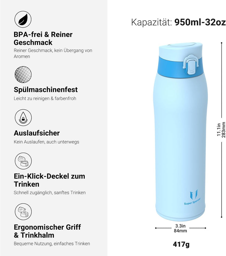 Super Sparrow Trinkflasche Edelstahl - Thermobecher - 500ml, 750ml, 950ml - BPA-Frei Thermosflasche,