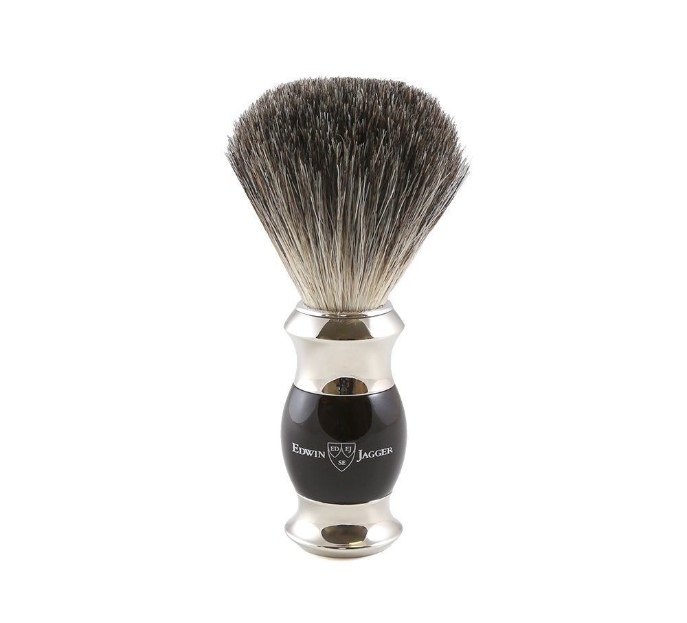 Edwin Jagger Pure Badger Dachshaar-Rasierpinsel - Ebenholzimitatgriff, Ring und Endkappen vernickelt