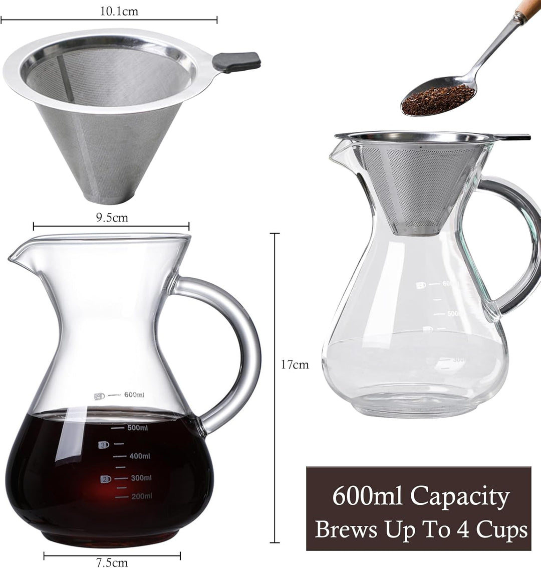 Pour Over Kaffeebereiter, 600ml Glas Kaffeekanne mit Filter und Hitzebeständigem Griff, Pour Over Co