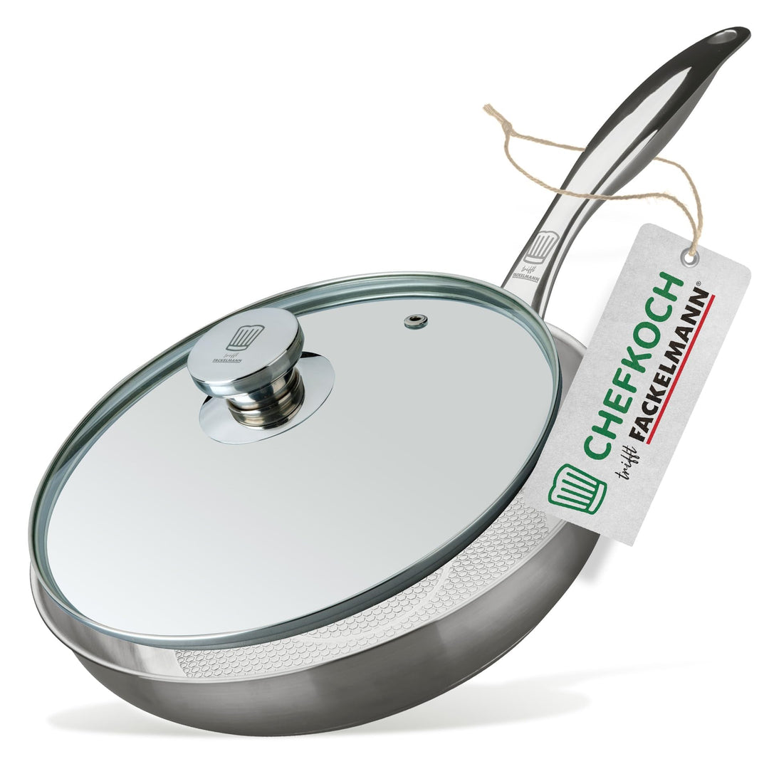 Chefkoch trifft Fackelmann Bratpfanne München Ø 24 cm aus Edelstahl mit Glasdeckel – Wabenboden, PFA