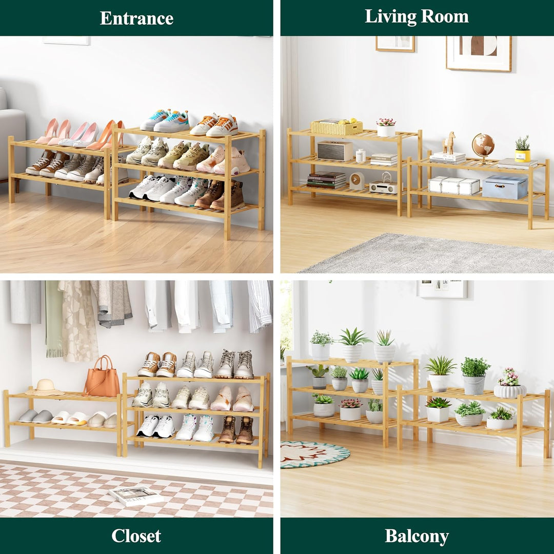 smiry Schuhregal aus Bambus, Schuhregal Platzsparend mit 3 Ebenen, Erweiterbar Stapelbar Shoe Rack,