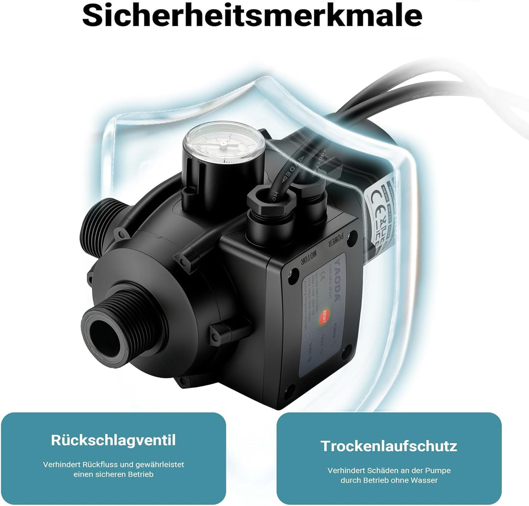 Wiltec Druckschalter mit Kabel EPC-2 230V bis 10 bar, Druckwächter mit Trockenlaufschutz für Hauswas