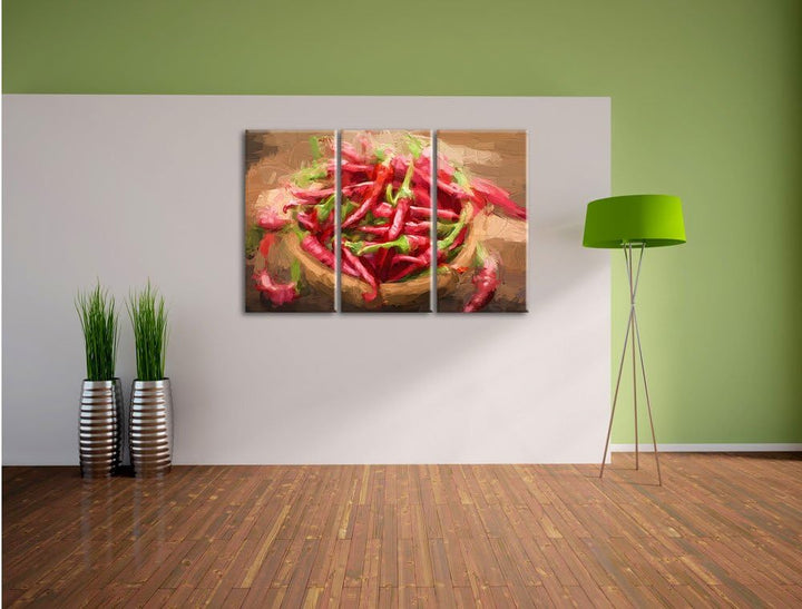 Pixxprint Scharfe Chilishoten Pinsel Effekt 3-Teiler Leinwandbild 120x80 Bild auf Leinwand