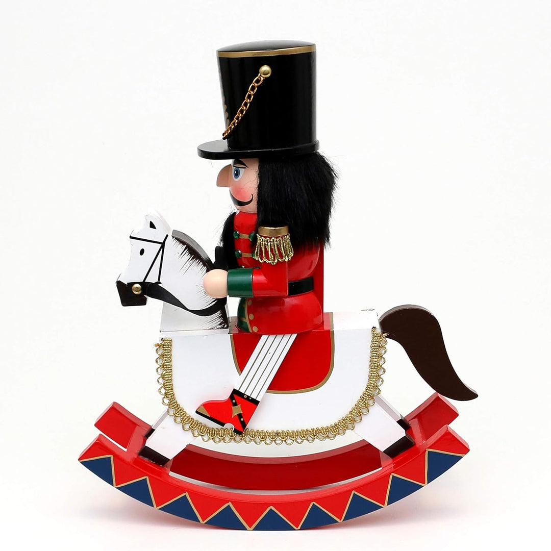 Dekohelden24 Holz Nussknacker Soldat auf Schaukelpferd in rot/weiss, 30 cm, Soldat