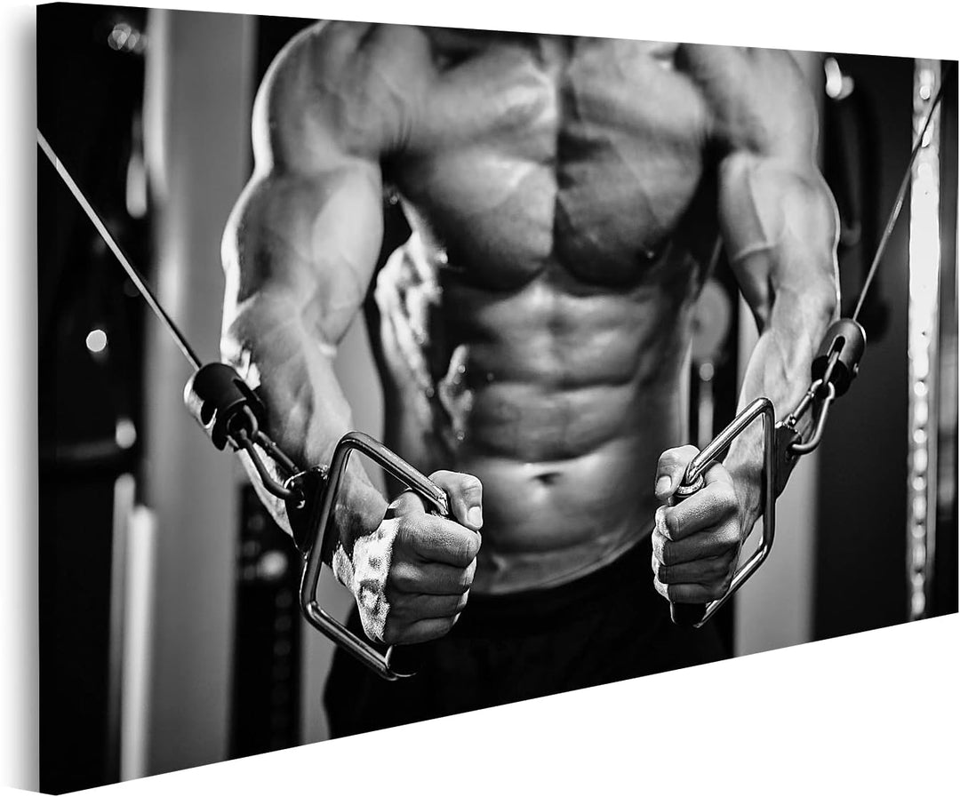 Bild auf Leinwand Bodybuilder Guy In Fitness Studio Aufpumpen Hände Aus Nächster Nähe Schwarz Und We