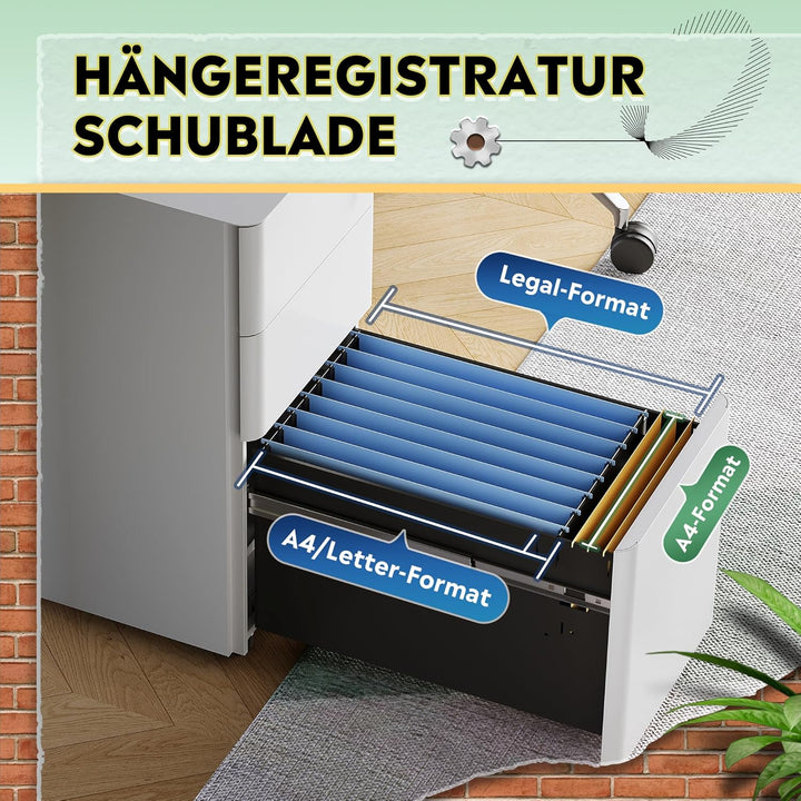 DEVAISE Rollcontainer mit 3 Schubladen, Metall Mobiler Aktenschrank mit Rollen, Druckertisch für DIN