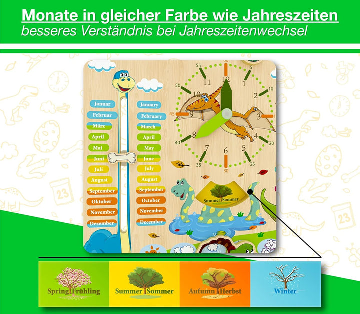 WoodyWood® Kalenderuhr für Kinder - Lernuhr aus Holz, zweisprachig, 30 X 30 cm - Montessori Jahresuh