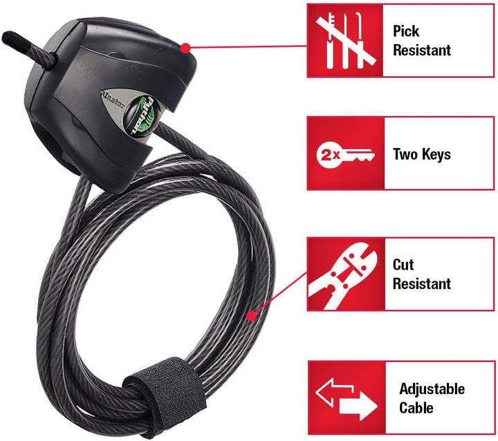 Master Lock Schwarzes Python-Fahrradschloss mit Schlüssel, verstellbares Metall-Kabelschloss mit wet
