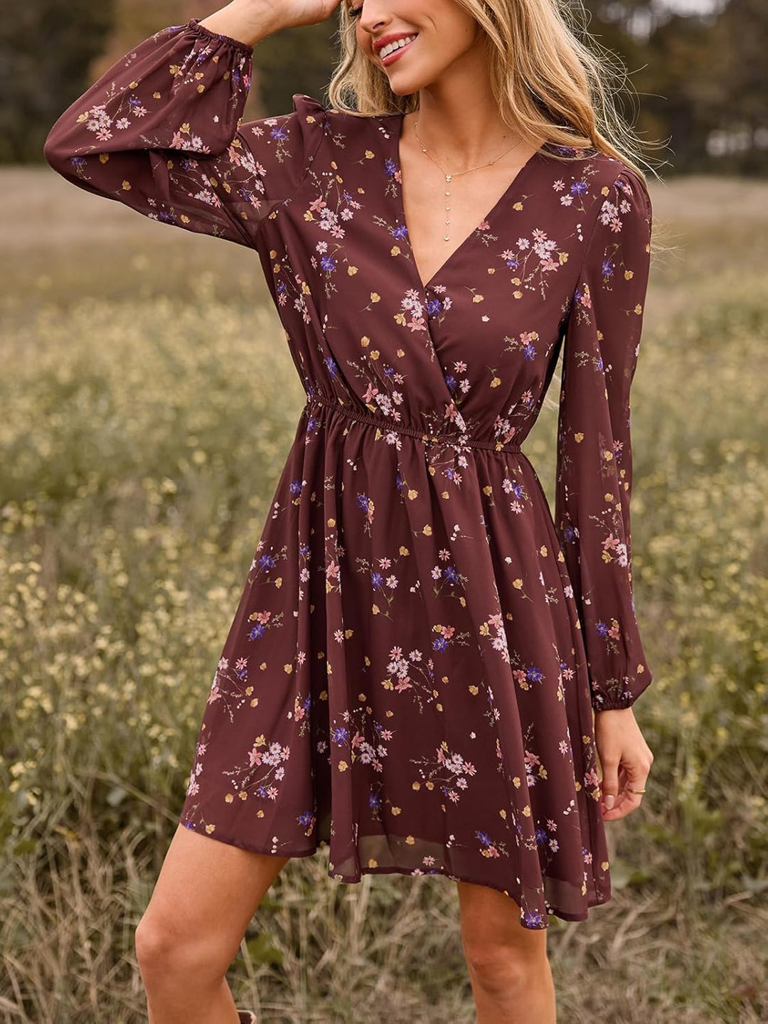 CUPSHE Damen Kleid V Ausschnitt Wickeloptik Transparente Lange Ärmel Blumenmuster Freizeitkleider Wr