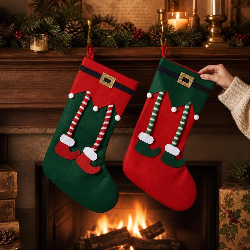 MIJOMA Weihnachtsstrümpfe 2er Set – dekorative Filz-Socken mit Elfen-Design zum Befüllen &amp; Aufhängen