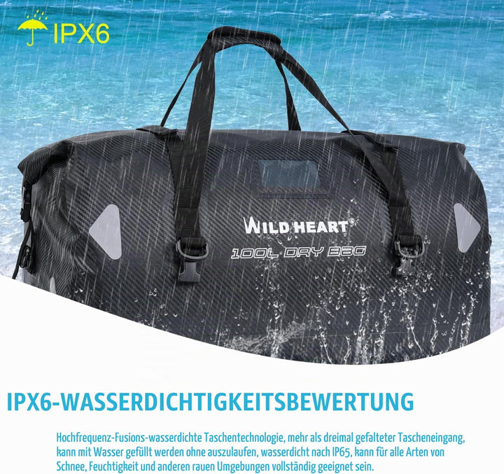 WILD HEART wasserdichte Reisetasche, 40 l 66 l, 100 l, mit verschweissten Nähten, Schultergurten, Ne