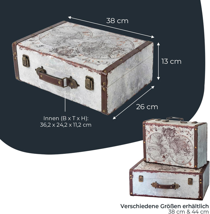 HMF VKO101 Vintage Koffer aus Holz | 38 x 26 x 13 cm | Gross | Deko Weltkarte 38 cm Weltkarte, 38 cm