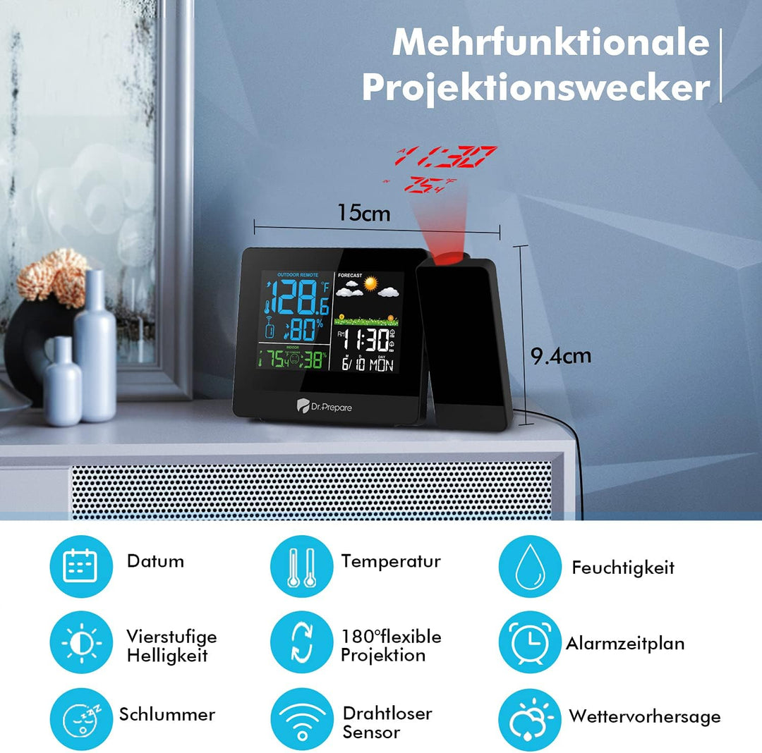 DR.PREPARE Projektionswecker Digitaler Wecker mit Projektion Wetterstation Wecker Projektionsuhr mit