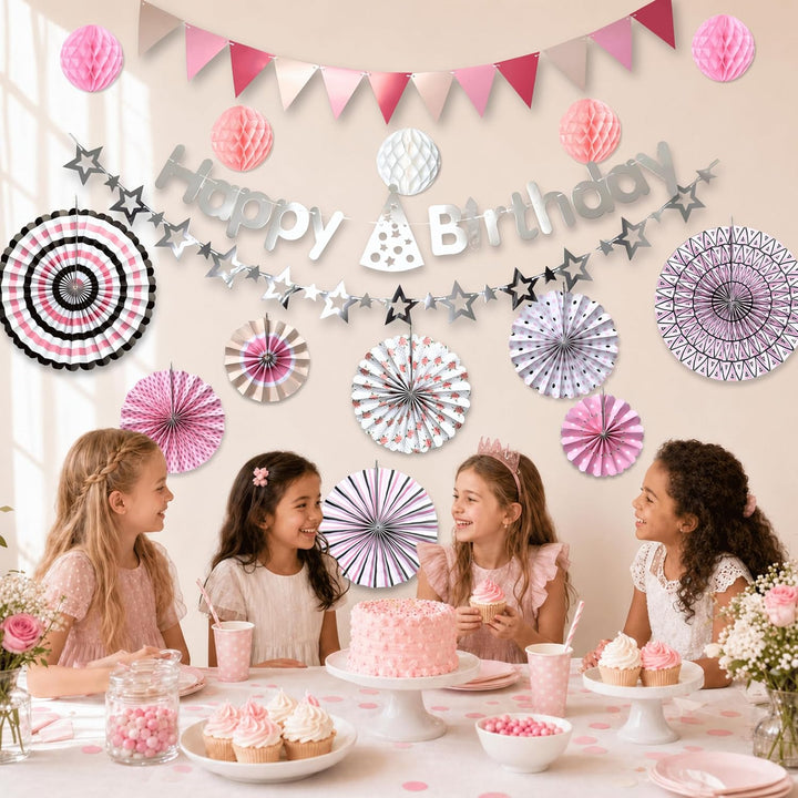 Geburtstagsdeko Set Rosa 16-teilig – Papierfächer Wabenbälle Wimpelkette Happy Birthday Girlande Ste