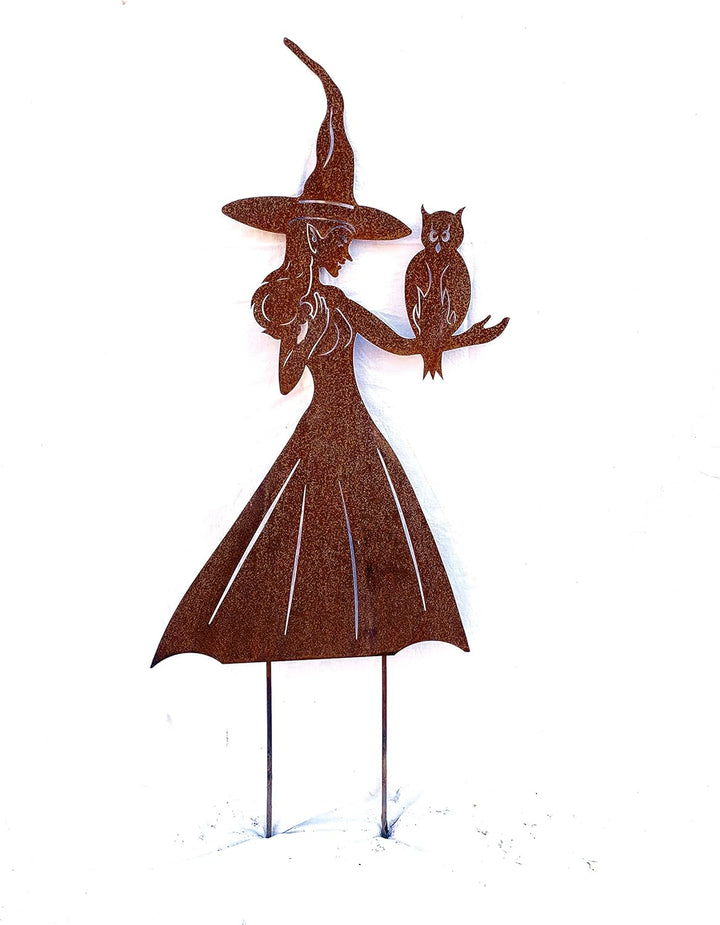 STEINFIGURENWELT GIEBEN Hexe mit Eule auf dem Arm gross 90x54cm Gartenstecker Edelrost Halloween Hex