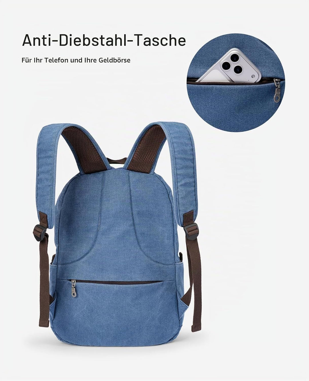 Muzee Canvas Rucksack, Leichter Anti-Diebstahl-Reise-Rucksack mit USB-Ladeanschluss für Herren Damen