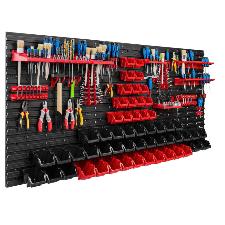 Lagersystem Werkstattregal | 172 x 78 cm | 56 stck. Box | Wandregal mit Werkzeughalterungen und Stap
