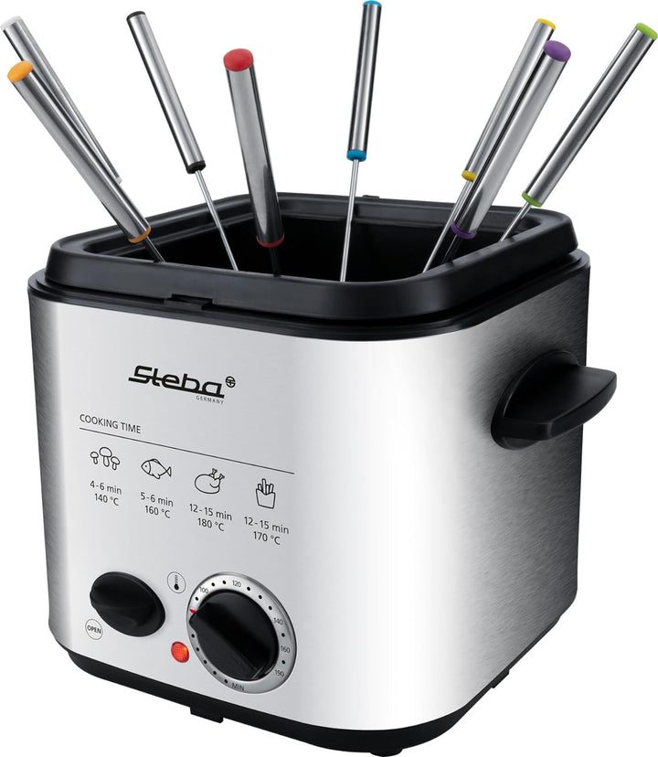 Steba Edelstahl Mini-Fritteuse mit Fondue-Set 2in1 - Geruchsfilter - 1,2 Liter Volumen - 8 Edelstahl