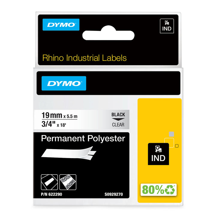 DYMO Rhino Industrie Permanente Polyesteretiketten | 19 mm x 5,5 m | Schwarz auf Transparent | selbs