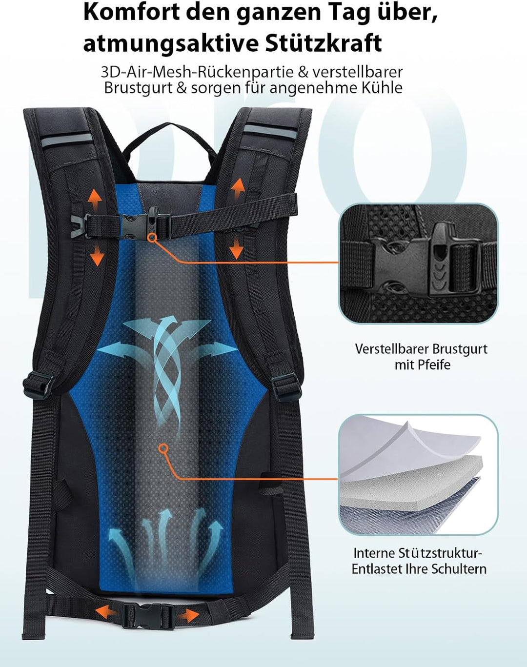 ECOHUB Leichter Atmungsaktiver Wanderrucksack mit Vielen Fächern aus PET Schwarz, Schwarz