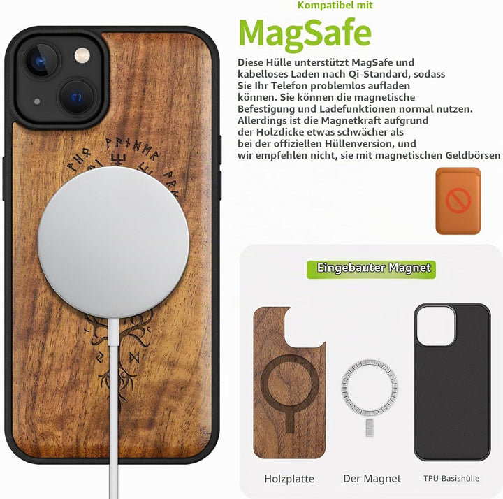 Carveit Holz Handyhülle für iPhone 15 Plus hülle, Kompatibel mit Magsafe Silikon Stossfeste Cover, M