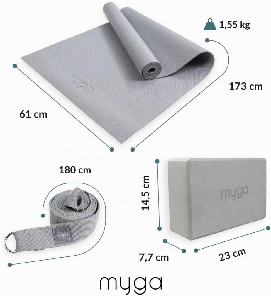 Myga Yoga-Starter-Set – Yogamatte, Yoga-Blöck Ziegel & Metall D-Ring Yoga-Gurt – Starter Kit für Anf