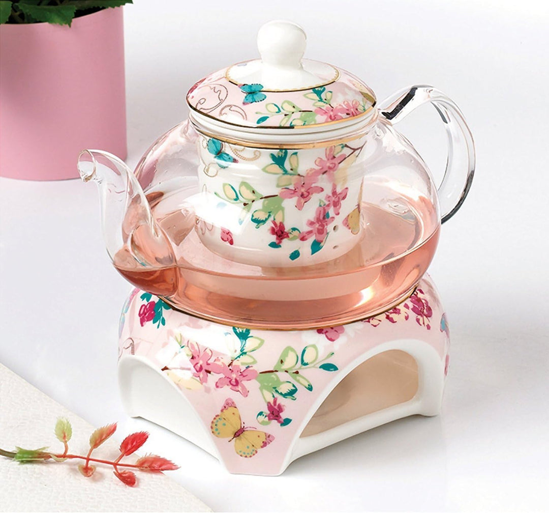 YBK Tech Teekanne mit Stövchen und Teesieb aus feinem Porzellan und Glas (Rosa (Schmetterlingenmuste