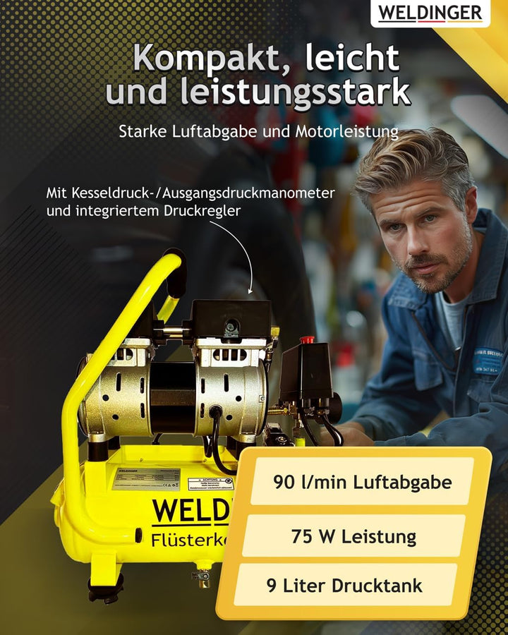 WELDINGER Flüster Kompressor FK 65 pro 750 W 90 l Luftabgabe innenbeschichteter Tank 9 bar max. FK 6