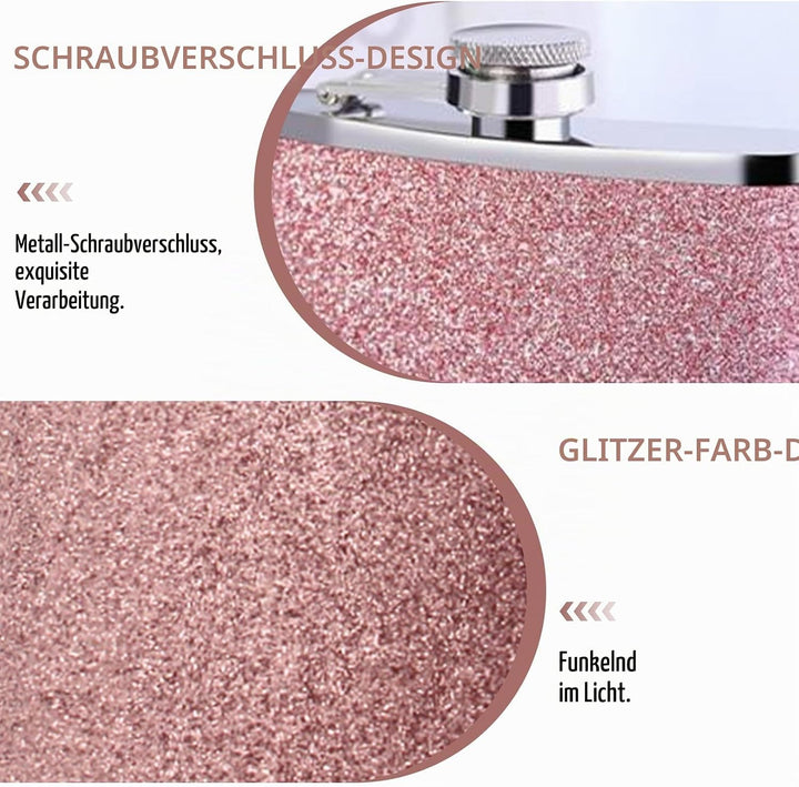 1x304 rosa 8Oz/240 ml Flachmann,Edelstahl-Flachmann für Damen,Flachmann mit Glitzer AuslaufsicherFla