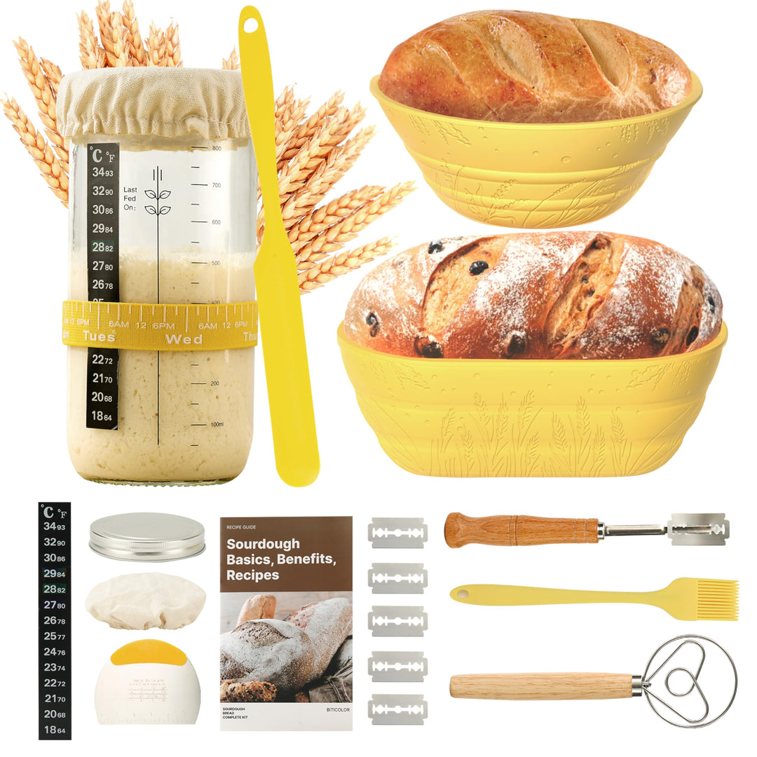 Gärkörbchen - 2 Gärkorb Set aus Silikon Oval und Rund,32 OZ Sauerteig Starter Set Gelb, Gelb