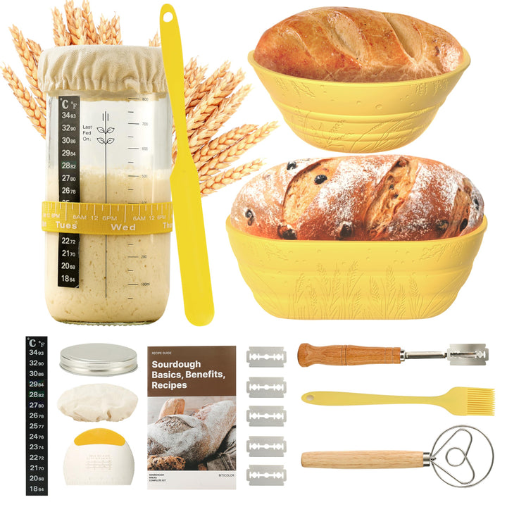 Gärkörbchen - 2 Gärkorb Set aus Silikon Oval und Rund,32 OZ Sauerteig Starter Set Gelb, Gelb