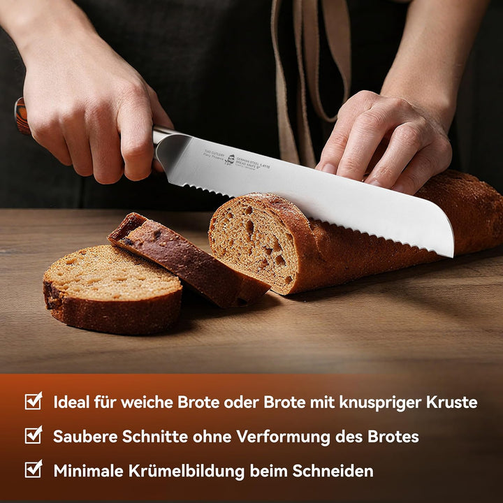 TUO Brotmesser mit Wellenschliff Klingenlänge 23cm, Scharfes Brotschneidemesser aus Deutschem Edelst
