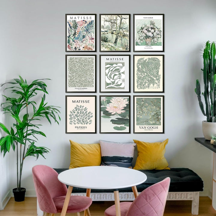 Flower Wall Art, Blumenposter Vintage Blassgrün, Sage Green Matisse Wall Art Set 9 / Minimalist Unfr