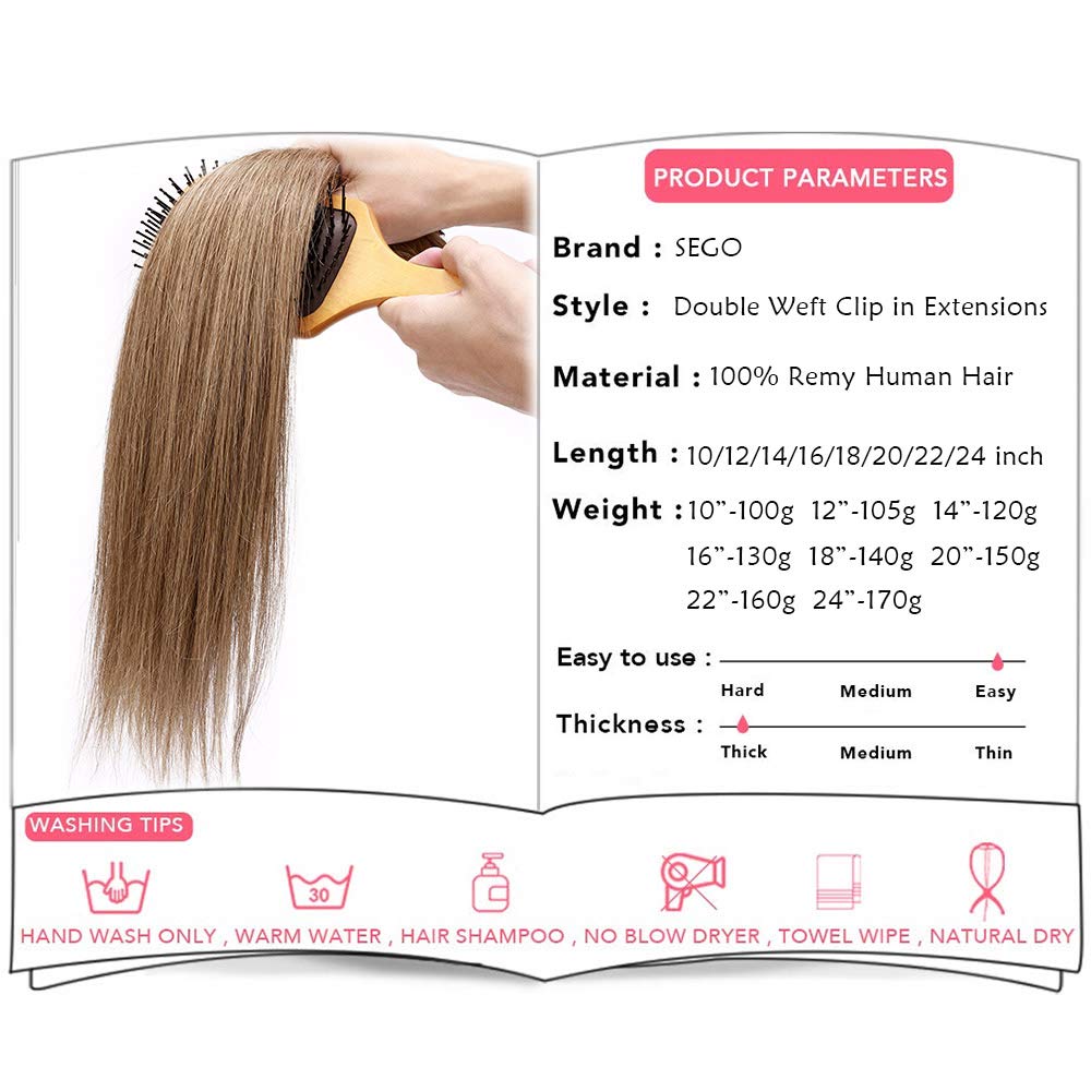 SEGO Clip in Extensions Echthaar Doppelt Tressen Haarverlängerung 8 Teilig 100% Remy Hair für Komple