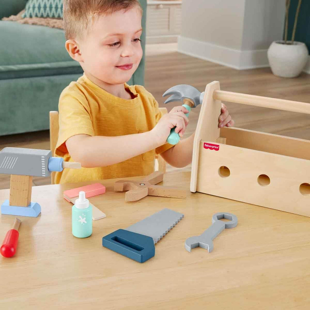 Fisher-Price Holz-Werkzeugkasten, Rollenspiel-Spielset mit Spielzeugbohrer, 9 Spielteile aus Holz fü
