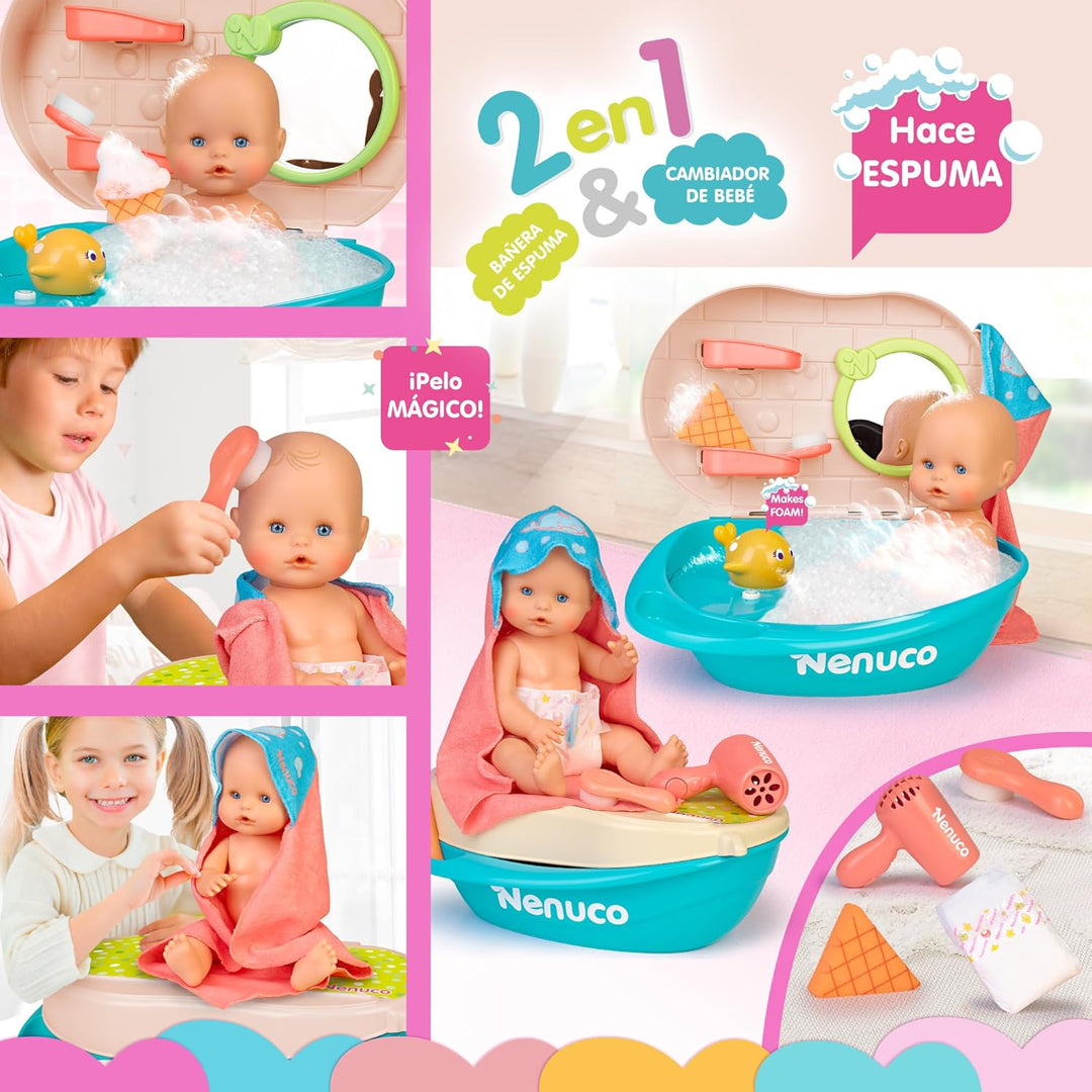 Nenuco Bad mit Blasen, Puppe 35 cm mit festem Körper und magischem Haar, mit Zubehör 2-in-1: Badewan