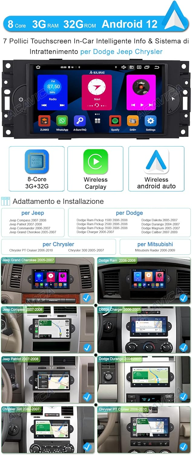 ACAVICA 8-Core 3+32GB Android 12 Radio für Jeep Dodge Ram Chrysler 7 Zoll Autoradio Sat NAV mit GPS