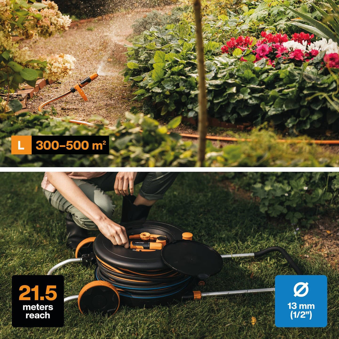 Fiskars Waterwheel M, All-Inclusive-Bewässerungs-Set, 21,5 m Gesamtreichweite, Gartenschlauch in Uni