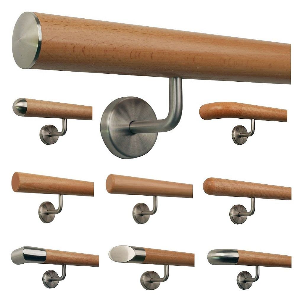 TIBU Buche Geländer Handlauf Treppe Holz Griff gew. Edelstahlhalter, Länge 30 - 500 cm aus einem Stü