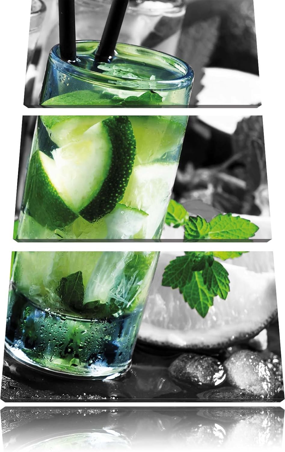 Pixxprint Caipirinhacocktails auf Tablett / 3-Teilig/Gesamtmass 120cm Leinwandbild bespannt auf Holz