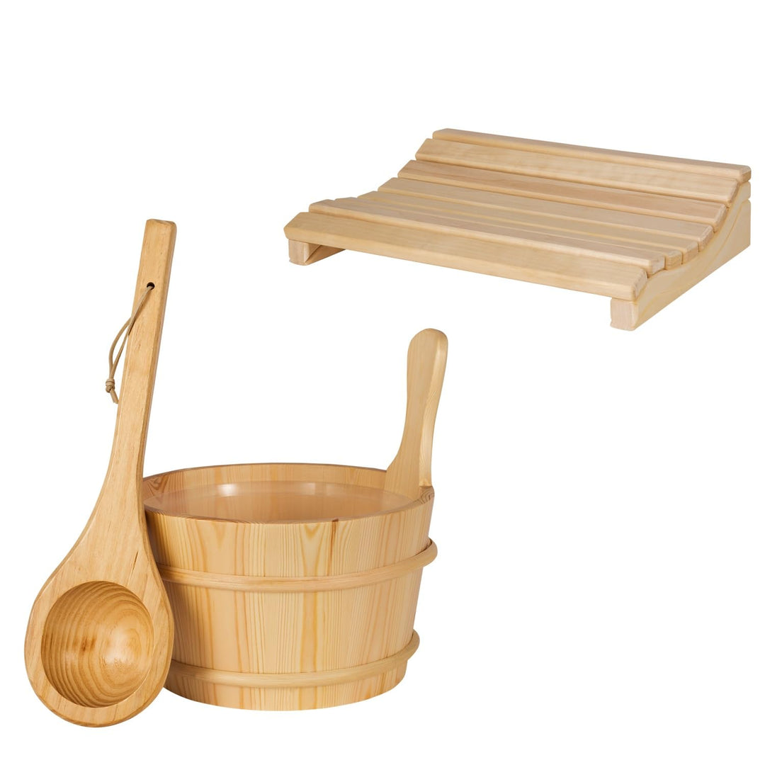 SUNNYDEALS klassisches Saunazubehörset | Saunaset 4-teilig aus naturbelassenem Holz | Saunaeimer &amp; K
