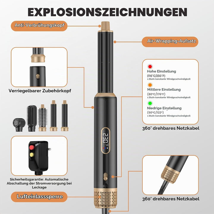 5-in-1 Warm Air Brush &amp; Hairstyler Set, Multifunktions Haarstyler für Locken, Glätten &amp; Volumen, LED