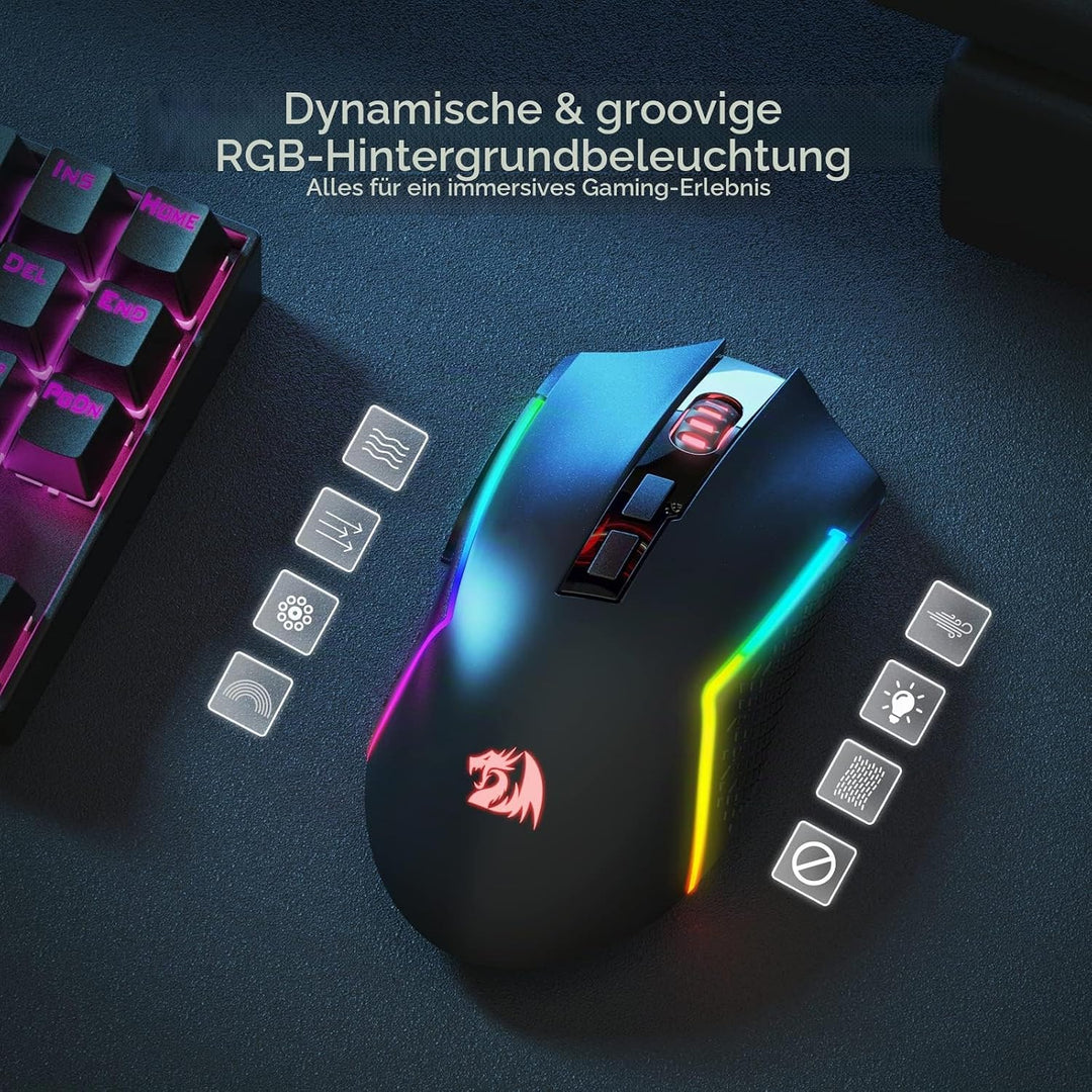 Redragon M693 LIT Kabellose Gaming-Maus, 12800 DPI-Mäuse mit 3-Modus-Verbindung, BT &amp; 2,4G kabellos,