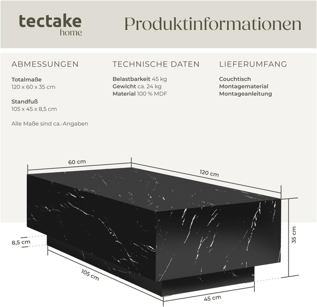 tectake® Couch Tisch, Room Decor in Marmor Optik, Tisch Wohnzimmer, moderner Couchtisch, Beistelltis